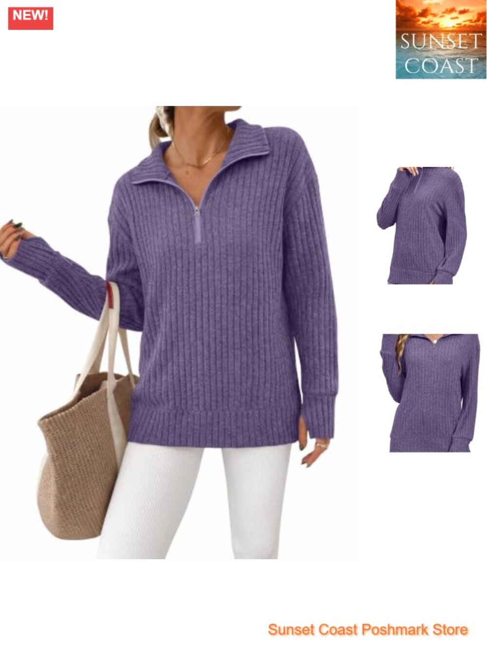 Womens Long Sleeve Quarter Zip Sweater Pullover Thumb Holes Soft Stretch